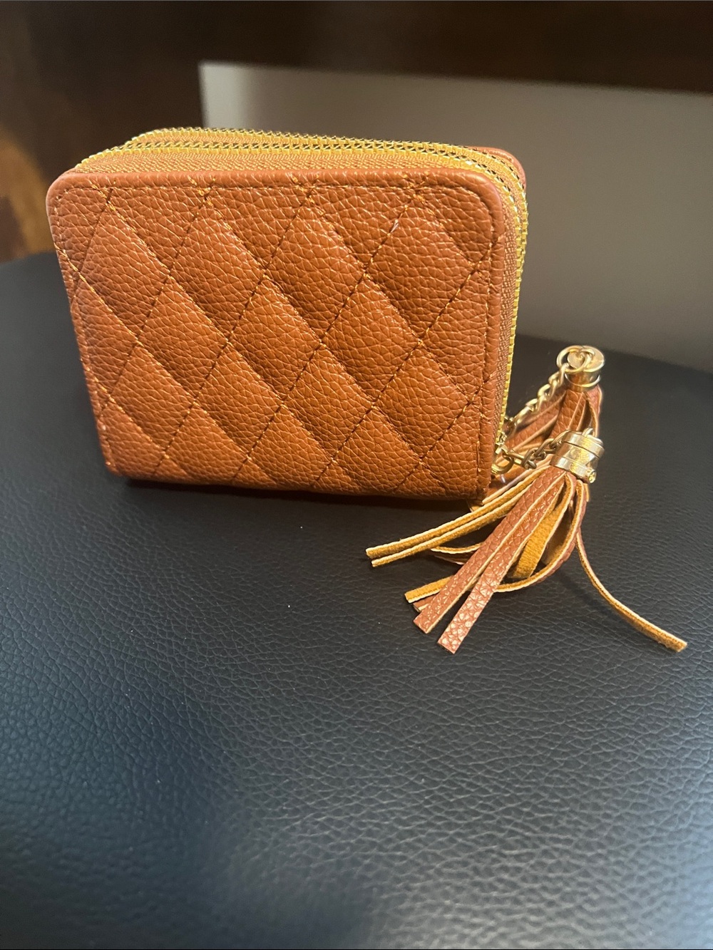 Quilted Leather Zip Wallet with Tassel Accent - Brown
